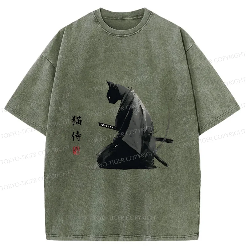 Tokyo-Tiger Kneeling Cat Samurai Washed T-Shirt