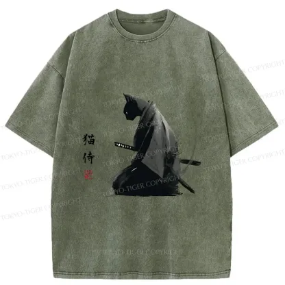 Tokyo-Tiger Kneeling Cat Samurai Washed T-Shirt