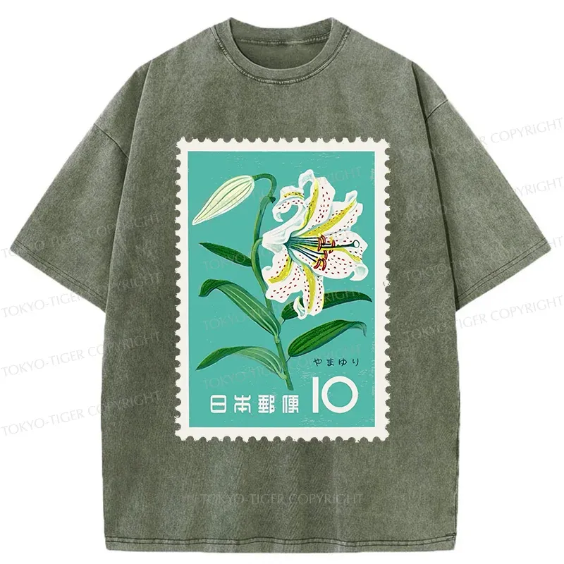 Tokyo-Tiger Japanese Stamps Washed T-Shirt