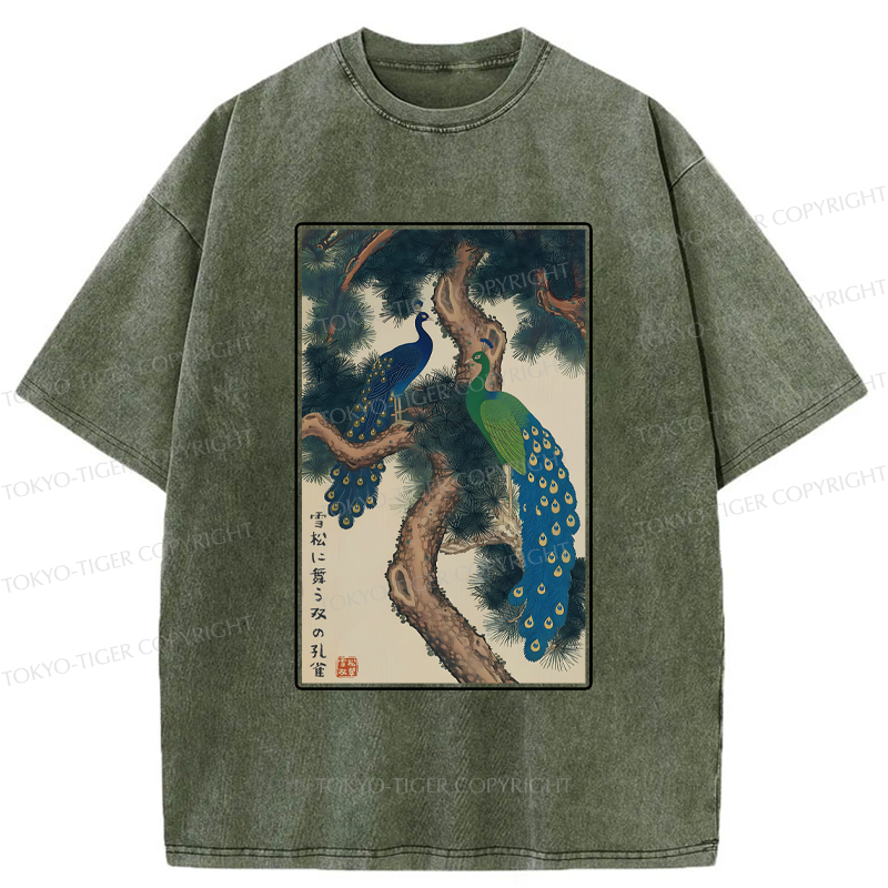 Tokyo-Tiger Peacocks in Snowy Pines Washed T-Shirt