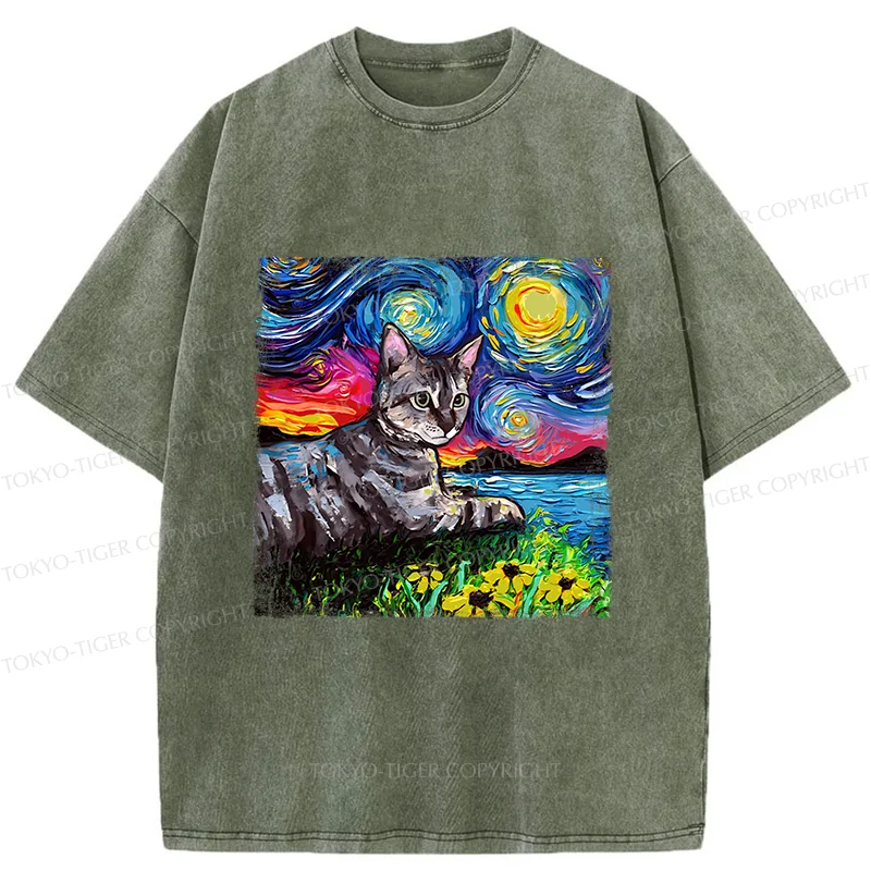 Tokyo-Tiger Cat Under The Starry Night Funny Washed T-Shirt