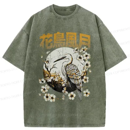 Tokyo-Tiger Flowers Birds Wind And Moon Washed T-Shirt