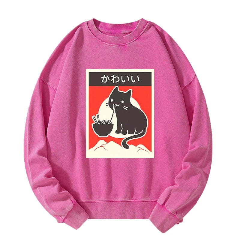Tokyo-Tiger "Kawaii" Vintage Style Japenese Ramen Cat Washed Sweatshirt-tokyo-tiger