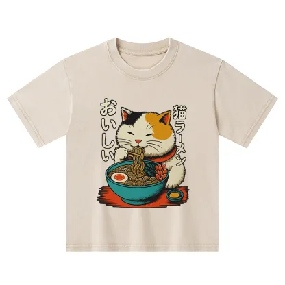 Tokyo-Tiger Cute Eat Eating Japanese Ramen Kids Washed T-Shirt