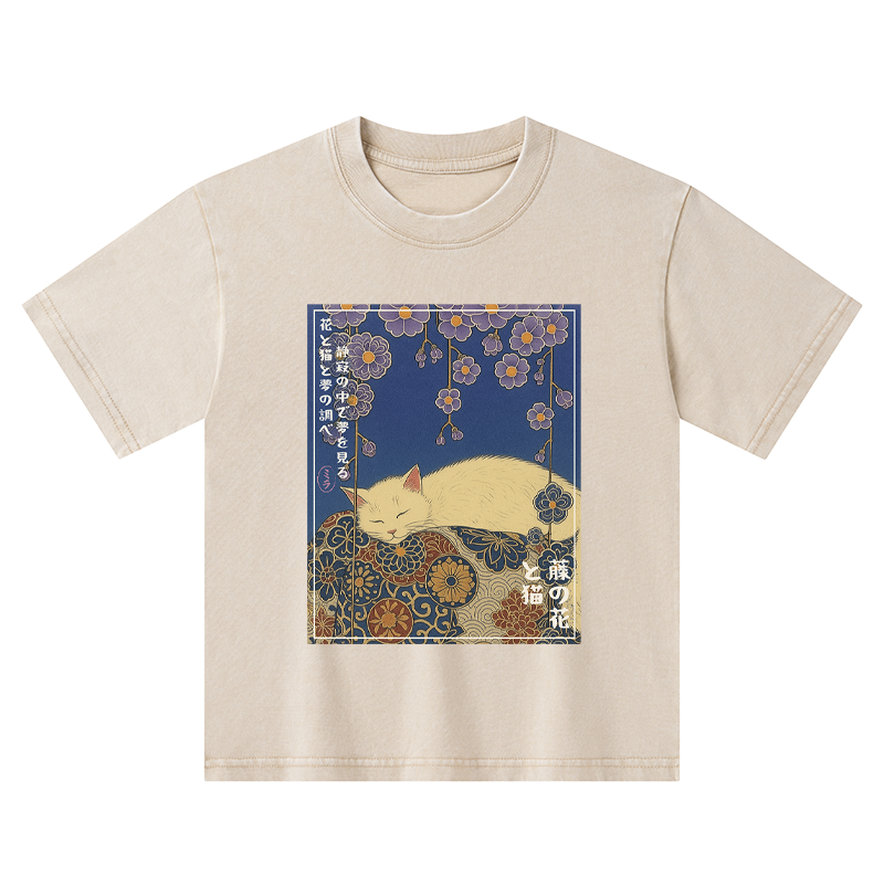 Tokyo-Tiger Ukiyoe Wisteria Flowers And Cats Kids Washed T-Shirt
