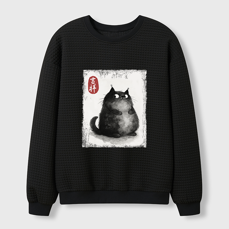 Tokyo-Tiger Auspicious Fluffy Black Cat Ink Painting Waffle Sweatshirt