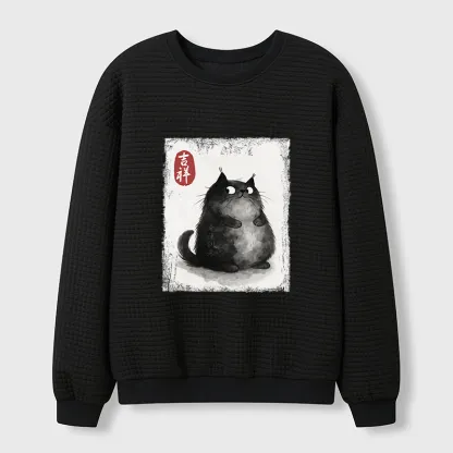 Tokyo-Tiger Auspicious Fluffy Black Cat Ink Painting Waffle Sweatshirt