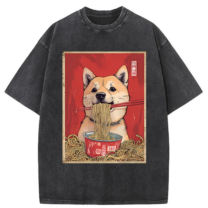 Tokyo-Tiger Shiba Lnu Eating Ramen Washed T-Shirt