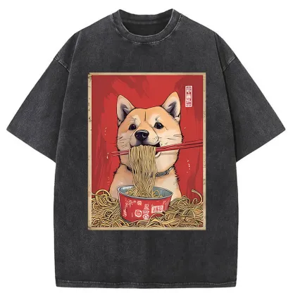 Tokyo-Tiger Shiba Lnu Eating Ramen Washed T-Shirt