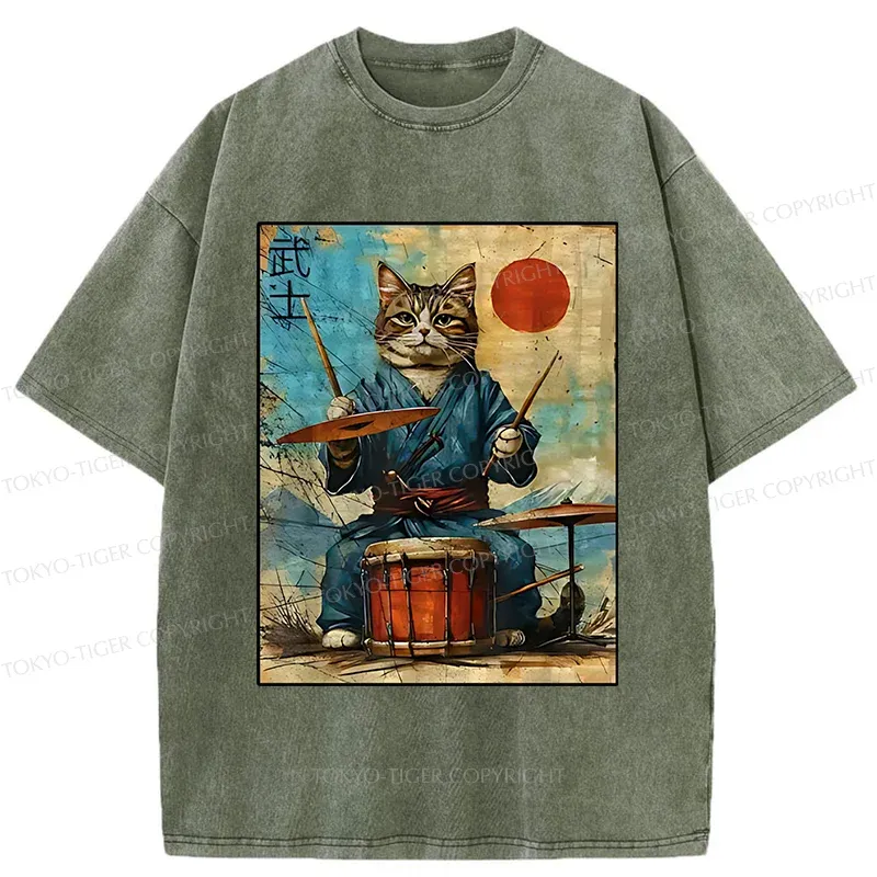 Tokyo-Tiger Cat Playing Drums Washed T-Shirt