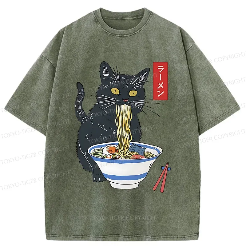 Tokyo-Tiger Black Cat Eats Delicious Ramen Washed T-Shirt