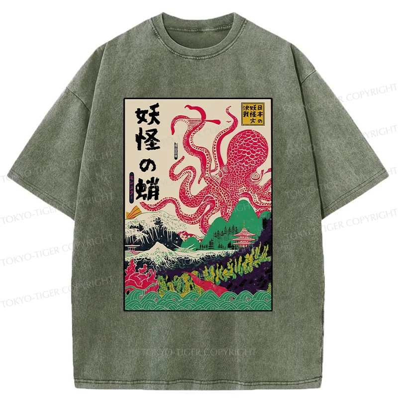 Tokyo-Tiger Octopus Japanese Yokai Washed T-Shirt