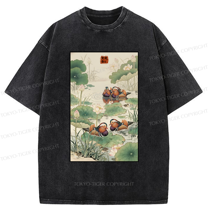 Tokyo-Tiger Lotus and Mandarin Ducks Washed T-Shirt