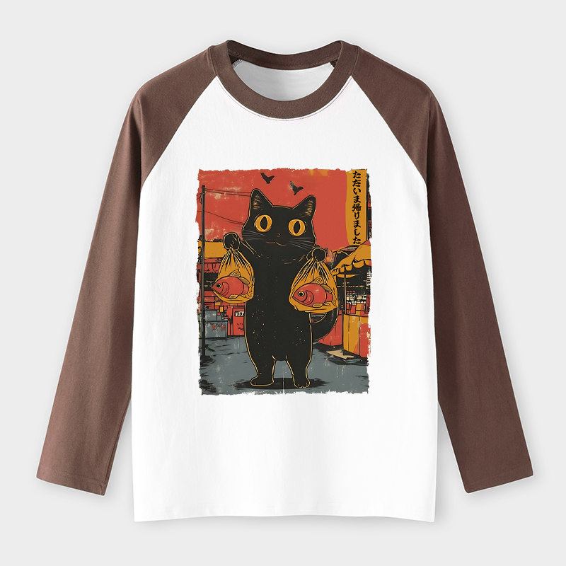 Tokyo-Tiger Cat Fishing Japanese Raglan Long Sleeve T-shirt