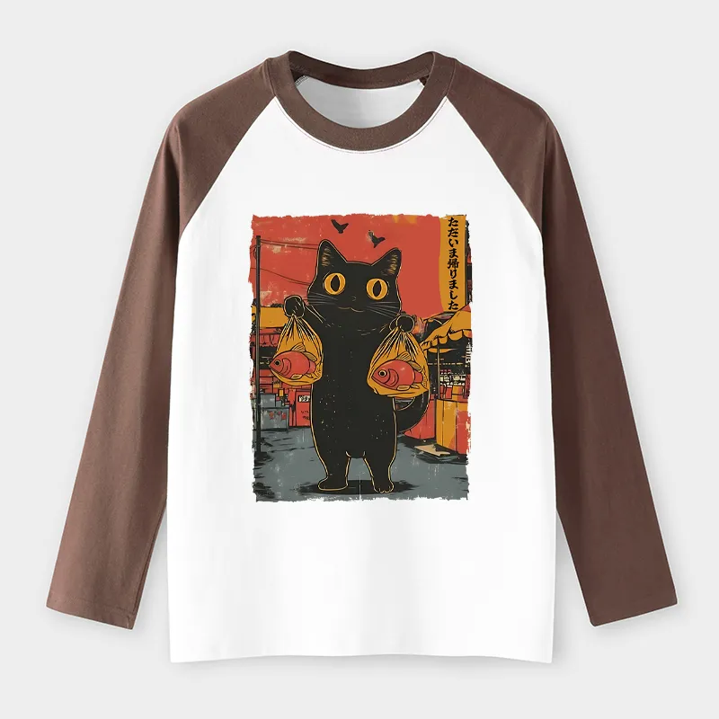 Tokyo-Tiger Cat Fishing Japanese Raglan Long Sleeve T-shirt