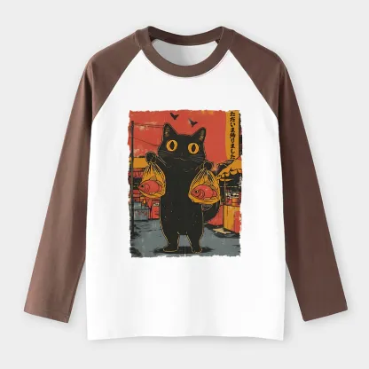 Tokyo-Tiger Cat Fishing Japanese Raglan Long Sleeve T-shirt