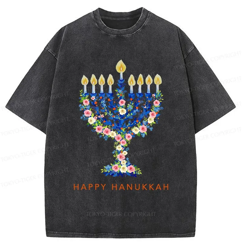 Tokyo-Tiger Hanukkah Candles Washed T-Shirt Sale