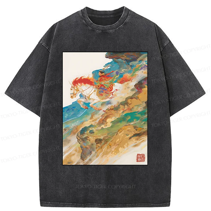 Tokyo-Tiger Landscape Painting Washed T-Shirt