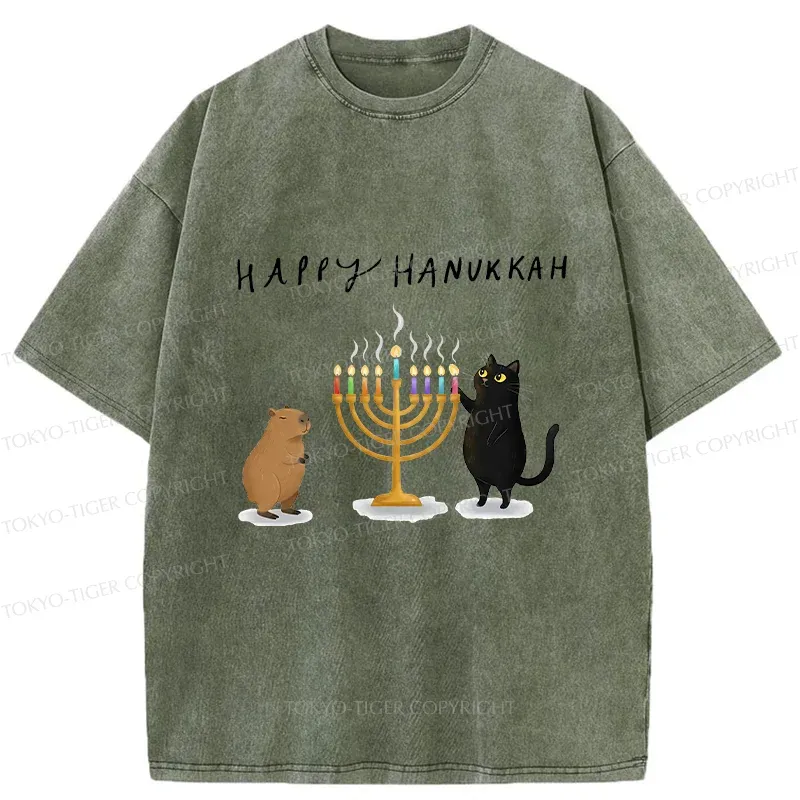 Tokyo-Tiger Cats Light Hanukkah Candles Washed T-Shirt