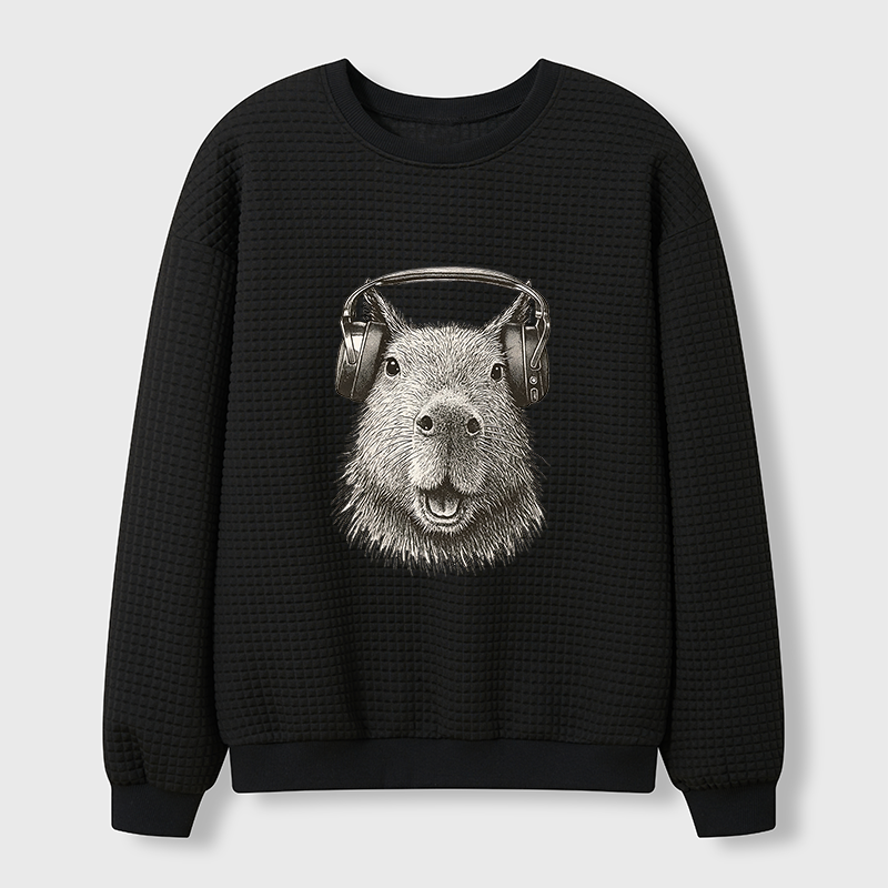 Tokyo-Tiger Capybara Listening To Music Waffle Sweatshirt