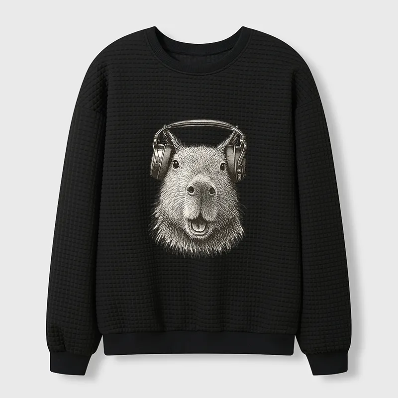 Tokyo-Tiger Capybara Listening To Music Waffle Sweatshirt