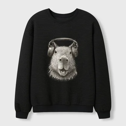 Tokyo-Tiger Capybara Listening To Music Waffle Sweatshirt