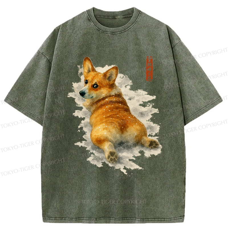 Tokyo-Tiger Corgi in the Snow Washed T-Shirt