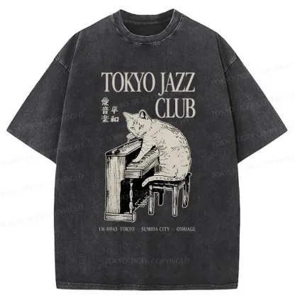 Tokyo-Tiger Cat Playing The Piano Washed T-Shirt