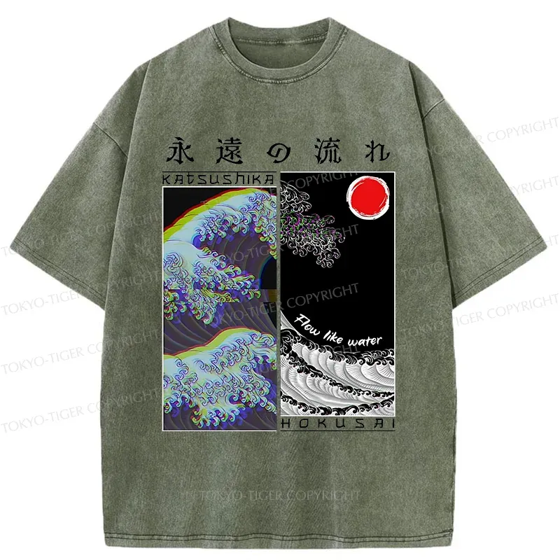 Tokyo-Tiger Ukiyo-e Wave Poster Washed T-Shirt