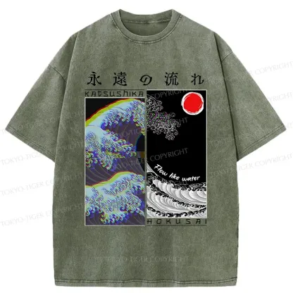 Tokyo-Tiger Ukiyo-e Wave Poster Washed T-Shirt