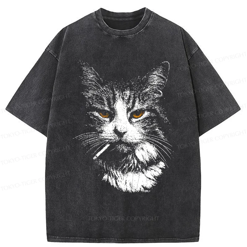 Tokyo-Tiger Handsome Cat Smoking Washed T-Shirt