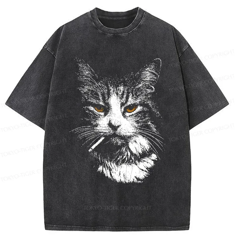 Tokyo-Tiger Handsome Cat Smoking Washed T-Shirt Sale