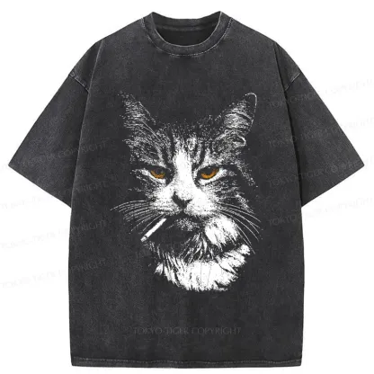 Tokyo-Tiger Handsome Cat Smoking Washed T-Shirt