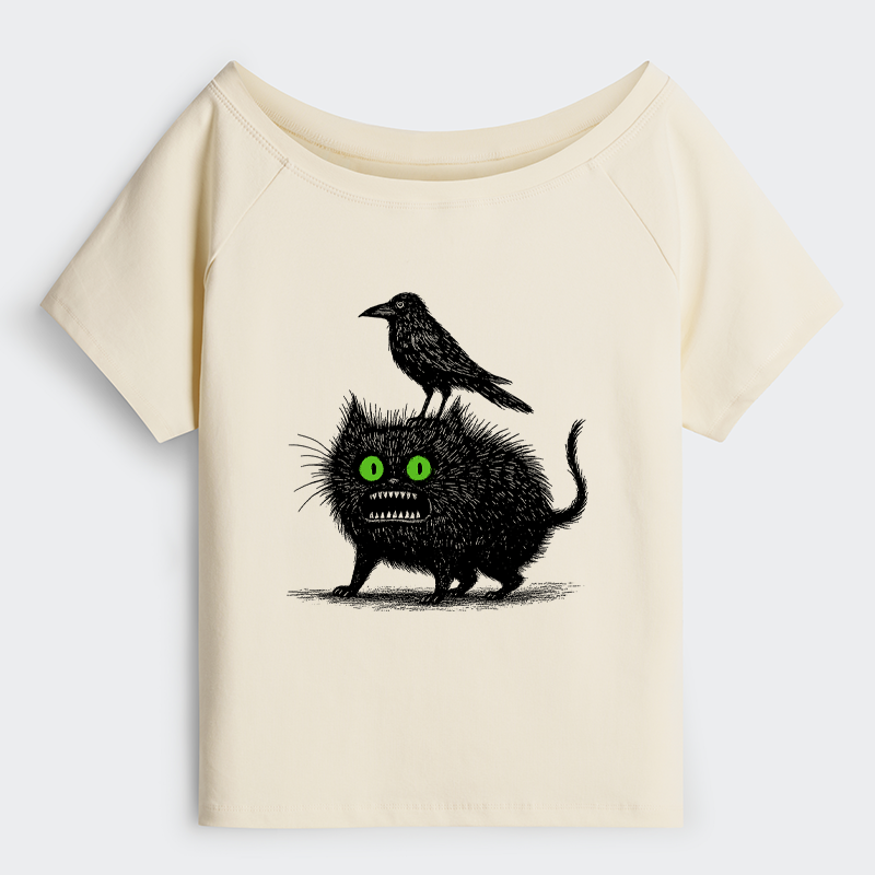 Tokyo-Tiger Crow And Black Cat Off Shoulder T-Shirt