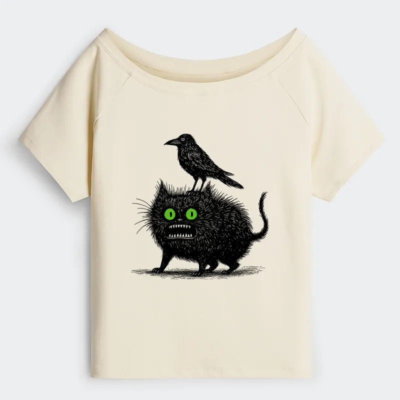 Tokyo-Tiger Crow And Black Cat Off Shoulder T-Shirt