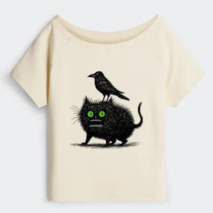 Tokyo-Tiger Crow And Black Cat Off Shoulder T-Shirt