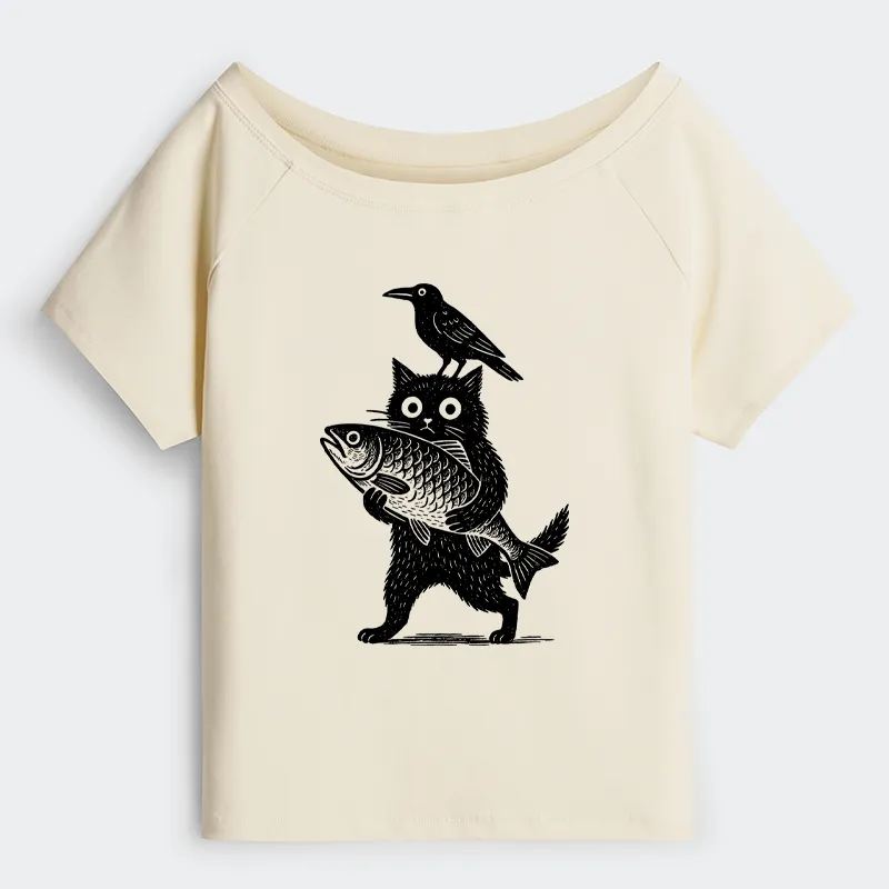 Tokyo-Tiger Black Animals Funny Off Shoulder T-Shirt