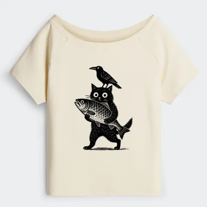 Tokyo-Tiger Black Animals Funny Off Shoulder T-Shirt