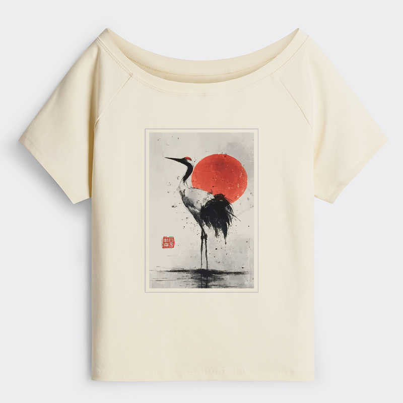Tokyo-Tiger Retro Japanese Red-crowned Crane Off Shoulder T-Shirt
