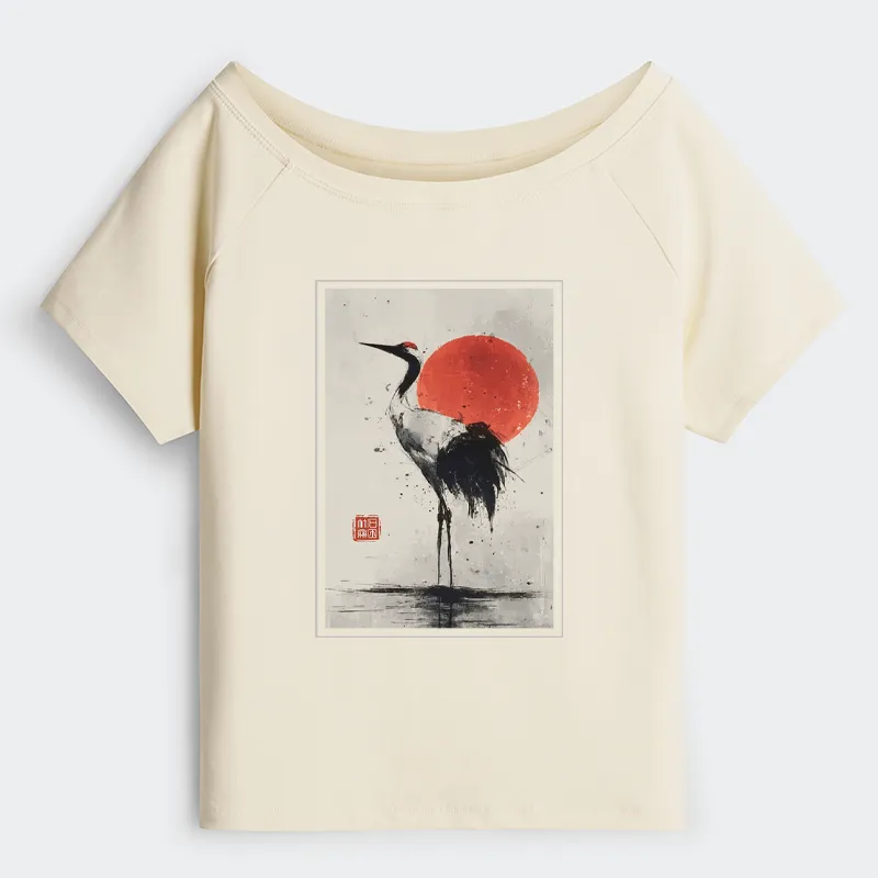 Tokyo-Tiger Retro Japanese Red-crowned Crane Off Shoulder T-Shirt