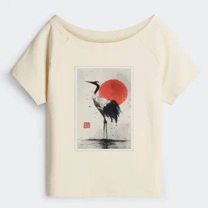 Tokyo-Tiger Retro Japanese Red-crowned Crane Off Shoulder T-Shirt