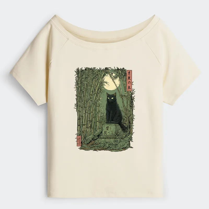 Tokyo-Tiger Black Cat In The Bamboo Forest Off Shoulder T-Shirt