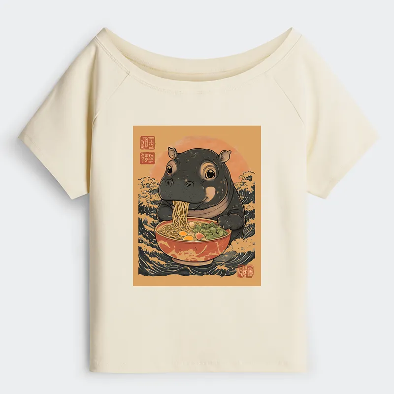 Tokyo-Tiger Moo Deng Eat Ramen Off Shoulder T-Shirt