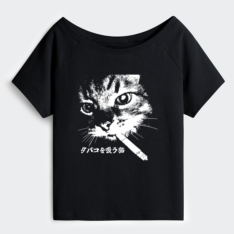Tokyo-Tiger Retro Cat Smoking Off Shoulder T-Shirt