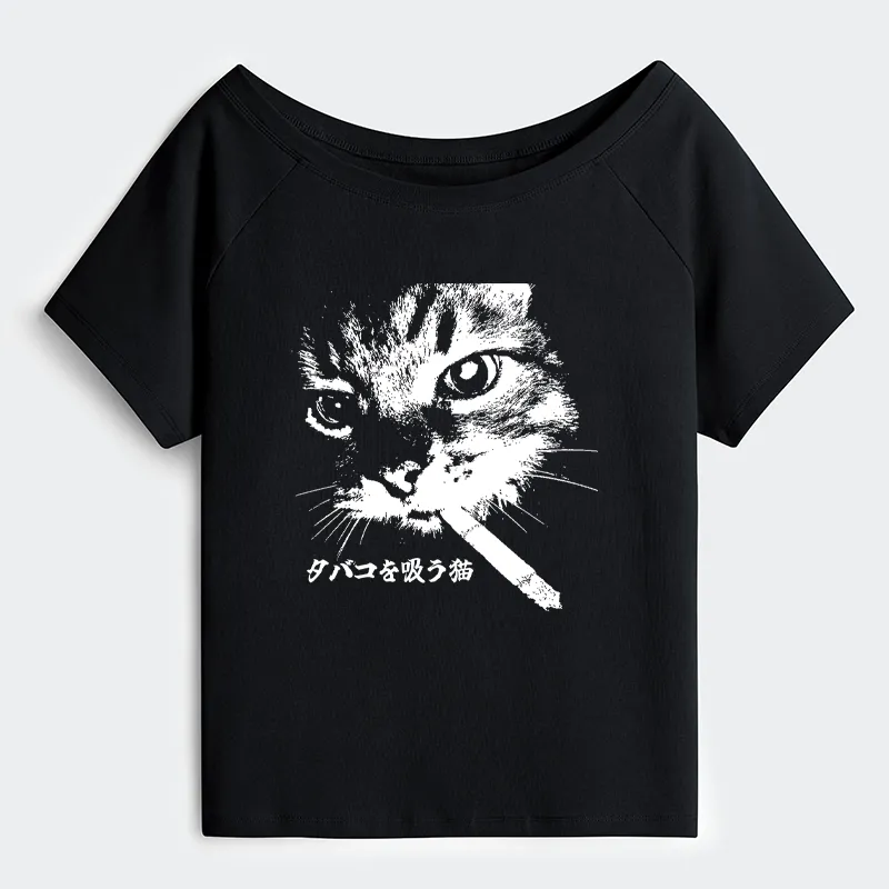 Tokyo-Tiger Retro Cat Smoking Off Shoulder T-Shirt