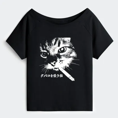 Tokyo-Tiger Retro Cat Smoking Off Shoulder T-Shirt