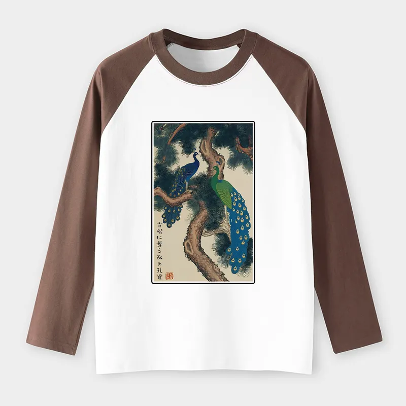 Tokyo-Tiger Peacocks In Snowy Pines Raglan Long Sleeve T-shirt