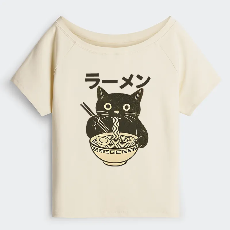 Tokyo-Tiger Simple Black Cat Eating Ramen Off Shoulder T-Shirt