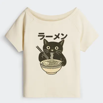 Tokyo-Tiger Simple Black Cat Eating Ramen Off Shoulder T-Shirt