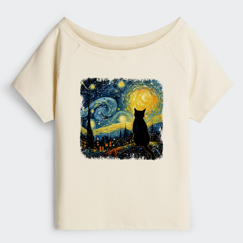 Tokyo-Tiger The Starry Night Cat Off Shoulder T-Shirt